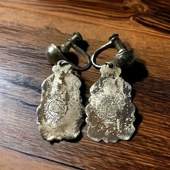 Vintage Sterling Silver Chrysoprase Green Stone Earrings Dangle Teardrop Mexico - Picture 2 of 2